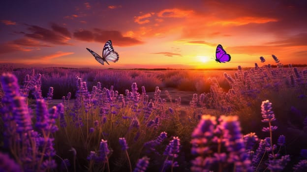 Beautiful landscape sunset field with lavender flowers. Ai art