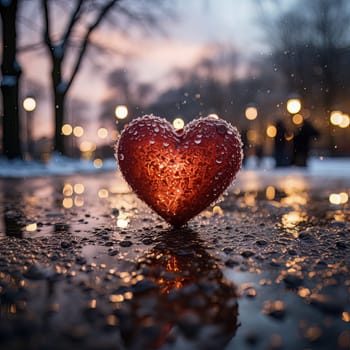 Red heart in the snow and lights bokeh. High quality photo