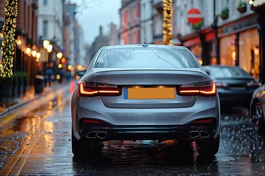 A silver sedan is parked on a wet city street at dusk. The car is facing away from the camera, and its taillights are illuminated. The street is wet from recent rain, and the buildings in the background are lit up with warm, yellow light.