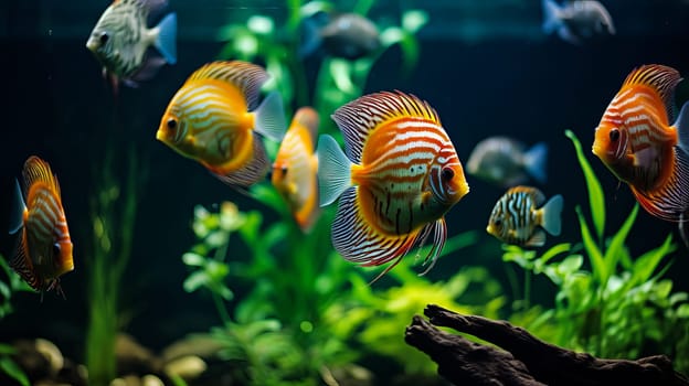 Tropical colorful fish in an aquarium with seaweed. High quality photo