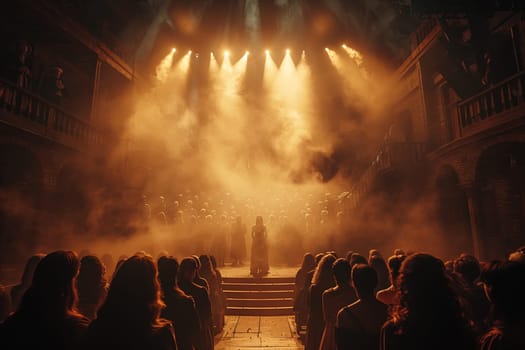 A woman stands on a stage illuminated by spotlights in a foggy courtyard, addressing a large crowd. The scene is bathed in warm, orange light, creating a dramatic and ethereal atmosphere. The womans silhouette stands out against the dense smoke, creating a sense of mystery and intrigue.