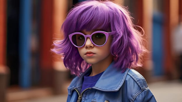 Girl 7 years old with purple hair, glasses and a purple dress. Ai art.
