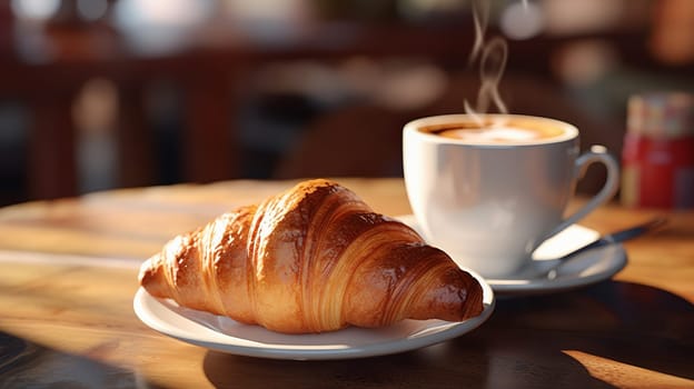 A cup of coffee with pastry croissant or cake on the table in a cafe. Ai art