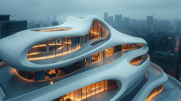 A modern, white building with a unique, flowing design stands tall in a city skyline at dusk. The building features large, curved windows and balconies that wrap around the structure. The city lights begin to illuminate the buildings in the distance, creating a beautiful contrast against the hazy sky.