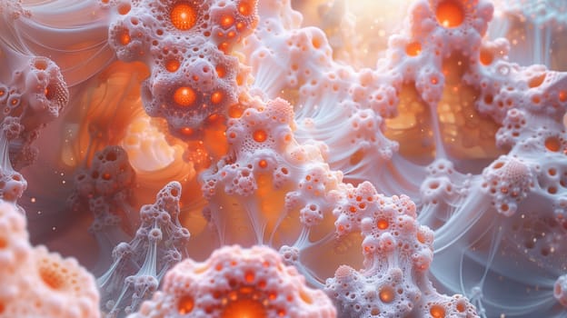 A vibrant and detailed close-up of a digital fractal landscape, featuring a mix of white and orange textures. The image showcases a complex network of porous, rounded structures, with glowing orange spots illuminating the scene.