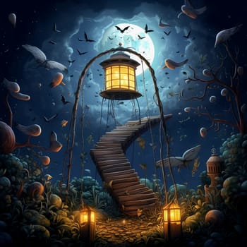 Staircase to the moon on a dark night. Ai art. High quality photo