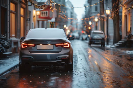 A silver car is parked on a snowy street, facing away from the camera. The street is lined with buildings and decorated with Christmas lights. The cars rear lights are visible, and there is a small amount of snow on the roof of the car.