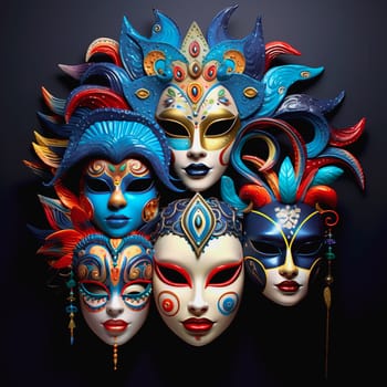 Various bright carnival masks. Concept of acting and entertaiment. Ai art. High quality photo