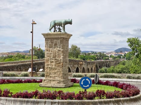 Statue of the Roman Capitoline wolf in Merida, Badajoz, Extremadura, Spain. Symbol of the Roman Empire, representing the legend of how the she-wolf suckled the twin brothers Romulus and Remus