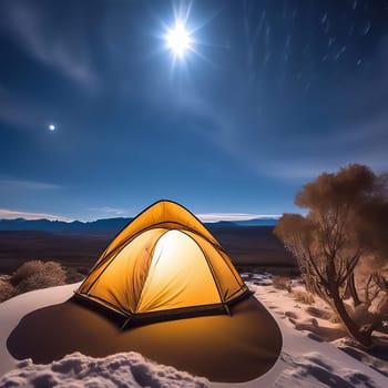 Camping tent in nature at night.