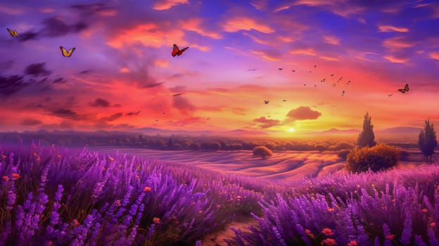 Beautiful landscape sunset field with lavender flowers. Ai art