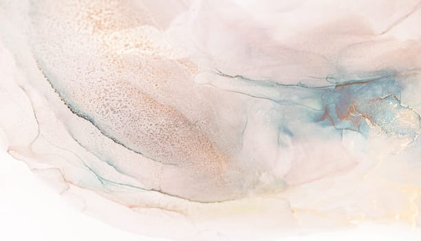 A close-up abstract image featuring a swirling blend of pale pink, beige, and teal watercolor. The colors create a soft, ethereal effect with subtle shimmer.