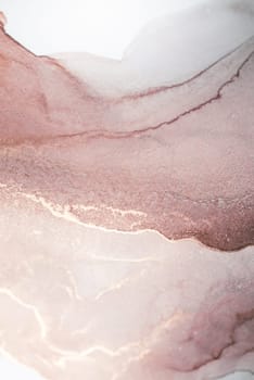 A close-up of a delicate ink wash with flowing blush and gold swirls, creating a mesmerizing abstract pattern.