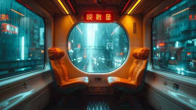 The interior of a train car with two empty seats facing a large, round window. The window looks out over a city at night, with blurry lights and buildings in the background. The train car is lit with warm, yellow light, and the seats are a rich orange color.