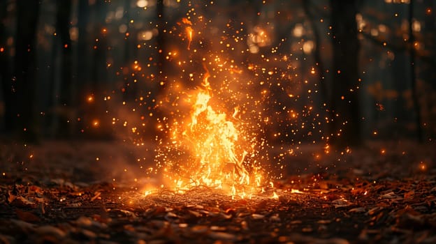 A close-up image of a campfire burning brightly in a dark forest at night. The fire is surrounded by fallen leaves and the embers are glowing red. Sparks are flying up from the fire and the background is a blur of dark trees.