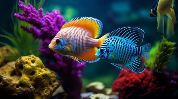 Tropical colorful fish in an aquarium with seaweed. High quality photo