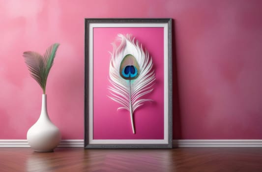 Big peacock feather in a frame on a pink wall