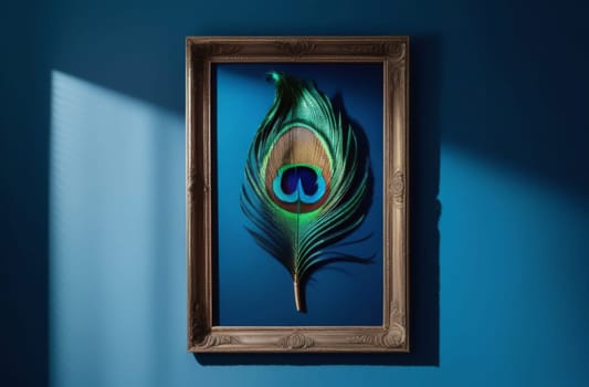 Peacock feather in a frame on a blue wall