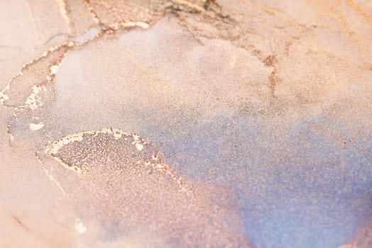 Close-up of swirling soft peach, lavender, and white watercolor painting with gold accents, creating an ethereal effect.