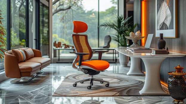 A modern orange office chair sits in a luxurious home office with large windows, a marble desk, and a couch. The office is decorated with modern furniture and artwork. The chair is a comfortable and stylish piece of furniture that would be perfect for anyone who wants to work from home in style.