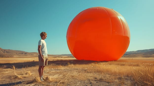 A man in a white shirt and khaki shorts stands in a grassy field, looking up at a giant, orange sphere. The sphere takes up most of the frame, dwarfing the man, and appears to be a large inflatable object. The surrounding field is mostly brown and dry, with a few small hills in the background. The sky is a clear, bright blue.