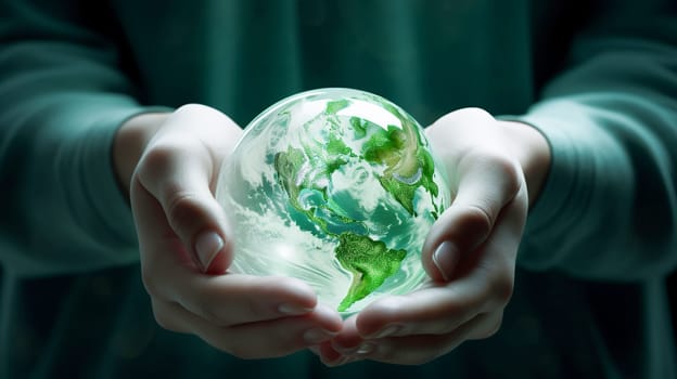 Hand holding the glass globe, white and light green color. Ai art.