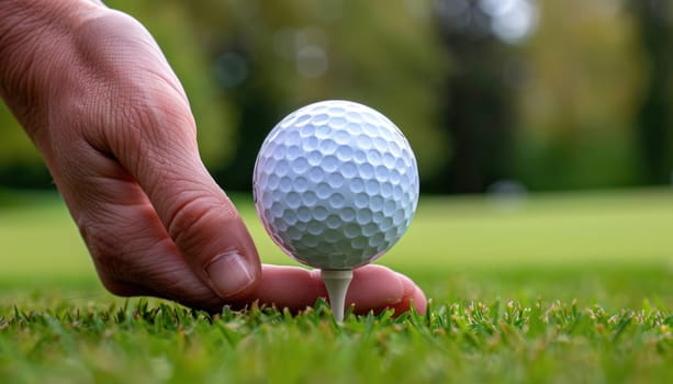 A golfer is preparing to tee off and play on the grassy course, surrounded by golf equipment and sports gear