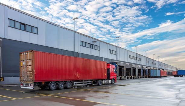 A big red truck is parked next to a city warehouse, typical city scene with a large vehicle against an urban background