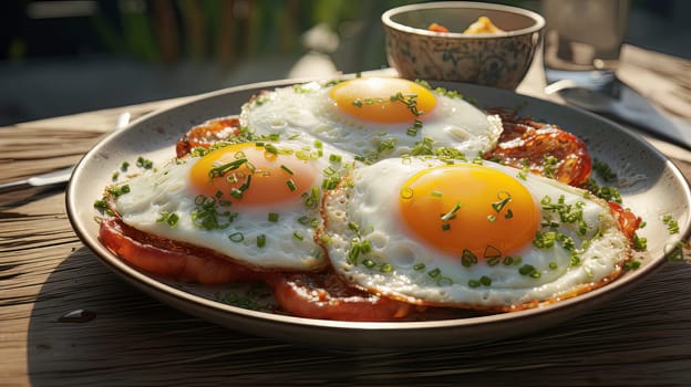 Fried eggs on a modern plate on a white table. Healthy breakfast. High quality photo