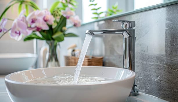 A bathroom sink has water flowing from a tap, with flowers in a vase. Its a serene and tranquil scene