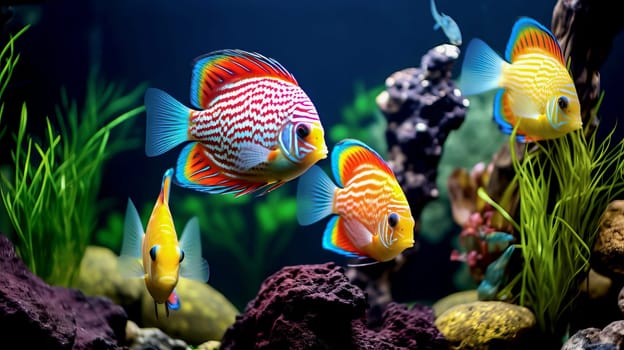 Tropical colorful fish in an aquarium with seaweed. High quality photo