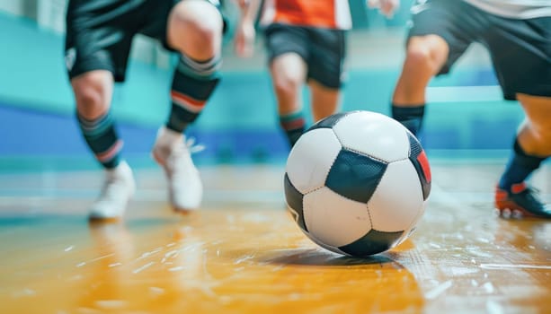 A group of people are playing soccer on a wooden floor, enjoying a game with a ball and wearing sports gear like shorts