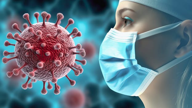 Face of a doctor in a medical mask against the background of a virus. Pandemic medical concept. Ai art. High quality photo