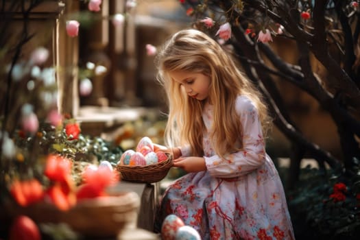 A girl collects eggs in a basket for Easter in the garden