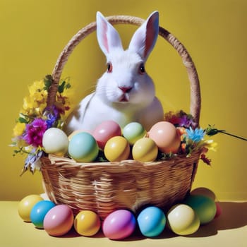 White rabbit in a basket with colored eggs in a field with daisies for Easter holiday