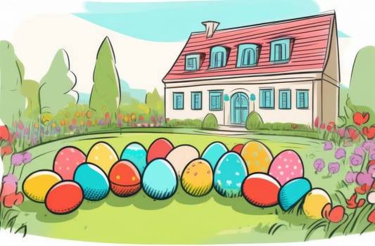 Chocolate eggs for children near a house in a garden in Europe Easter