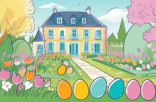 Chocolate eggs for children near a house in a garden in Europe Easter