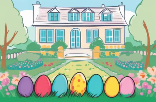 Chocolate eggs for children near a house in a garden in Europe Easter