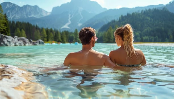 A man and a woman are peacefully resting in a calm lake, with grand mountains as the scenic backdrop