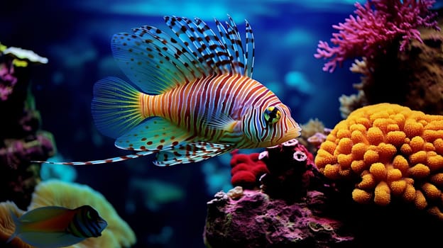 Tropical colorful fish in an aquarium with seaweed. High quality photo