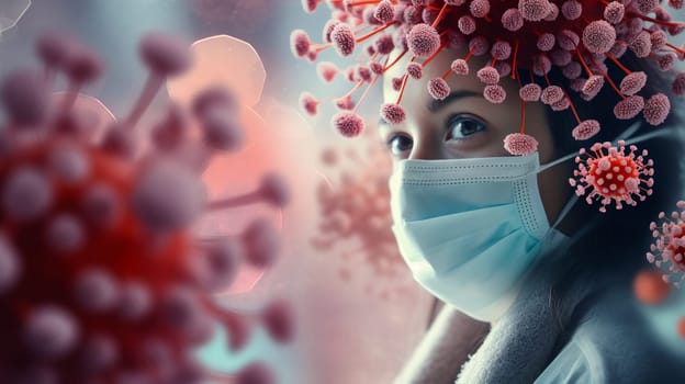 Face of a doctor in a medical mask against the background of a virus. Pandemic medical concept. Ai art. High quality photo