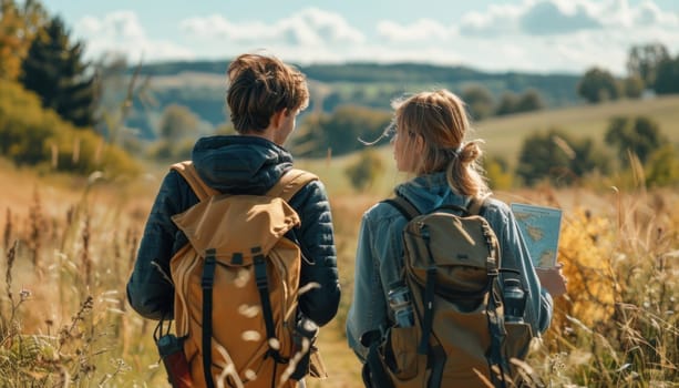A man and a woman with backpacks are in a field, looking at a map for directions in a beautiful natural landscape