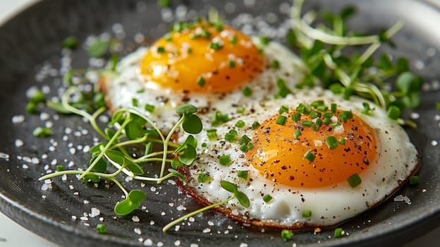 A close-up shot of two perfectly fried eggs on a black plate. The eggs are topped with fresh microgreens, salt, and pepper. The yolks are bright orange and the whites are cooked to a soft, pillowy texture.