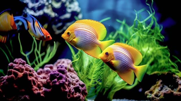 Tropical colorful fish in an aquarium with seaweed. High quality photo