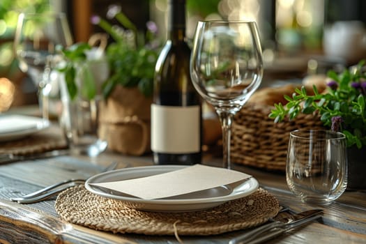 A rustic table setting features a white plate, a wine glass, and a bottle of wine. The table is made of weathered wood and the place setting is adorned with a woven placemat. The image captures the ambiance of a cozy, outdoor dining experience.