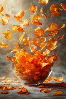 A close-up image of crispy, sweet potato chips falling into a glass bowl. The chips are illuminated by a bright light source, casting shadows on the background. The image captures the chips in mid-air, as if frozen in time, creating a dynamic and appealing visual.
