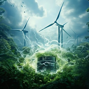 Windmills and Solar cell panels, photovoltaic, alternative electricity source, concept of sustainable resources. Ai art