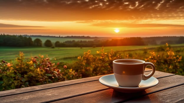 A cup of coffee on a table in front of a field with at sunset. Ai art