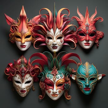 Various bright carnival masks. Concept of acting and entertaiment. Ai art. High quality photo