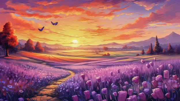 Beautiful landscape sunset field with lavender flowers. Ai art